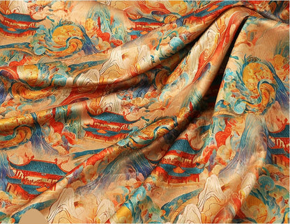 Red Cloud Yarn Flower Fabric: Ancient Painting Style, 59" Wide
