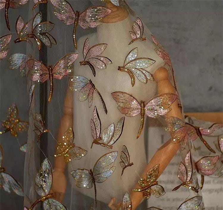 Butterfly Embroidered Sequin Lace Fabric: Two-Tone Tulle Mesh, 59" Wide
