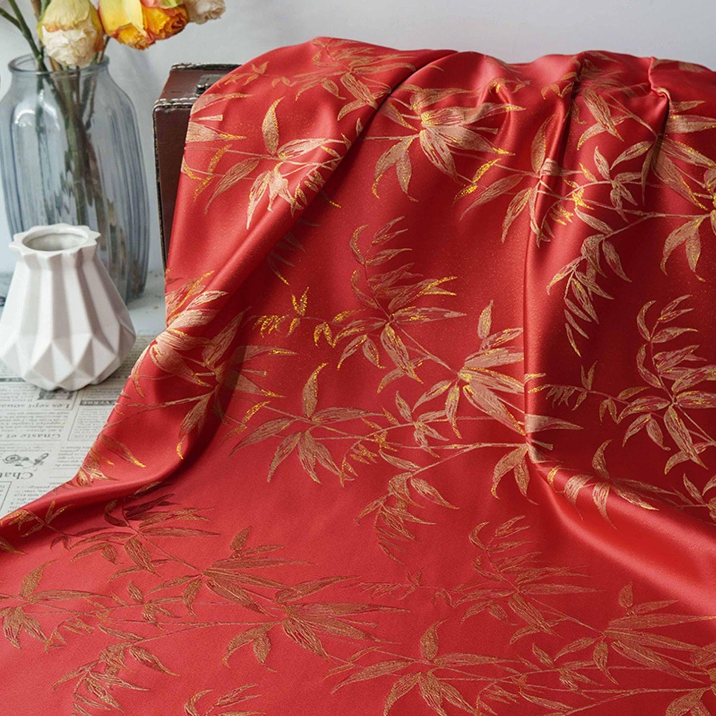 Red Brocade Fabric ��� Golden Bamboo Leaves Jacqua" Wide