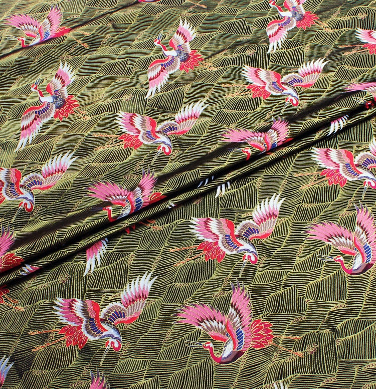 Crane Pattern Jacquard Satin Fabric: 58"W Rayon Brocade by the Meter