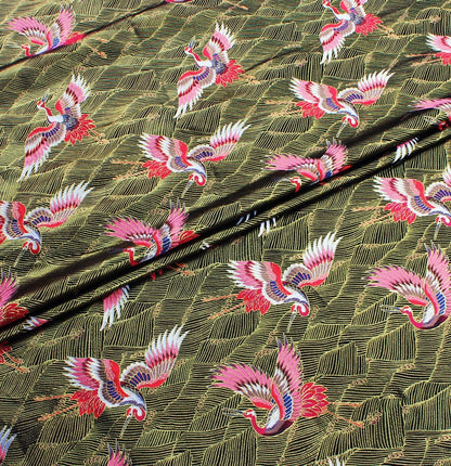 Crane Pattern Jacquard Satin Fabric: 58"W Rayon Brocade by the Meter