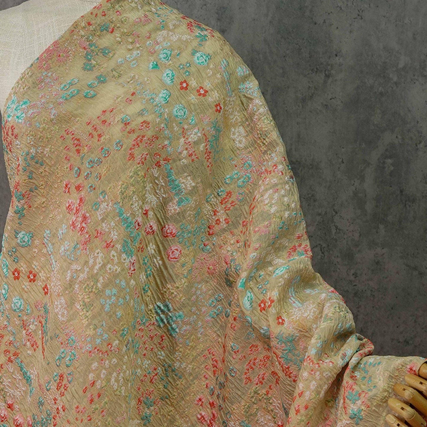 Blue Pink Jacquard Woven Fabric: 3D Embossed Flower Pattern, 57" Wide