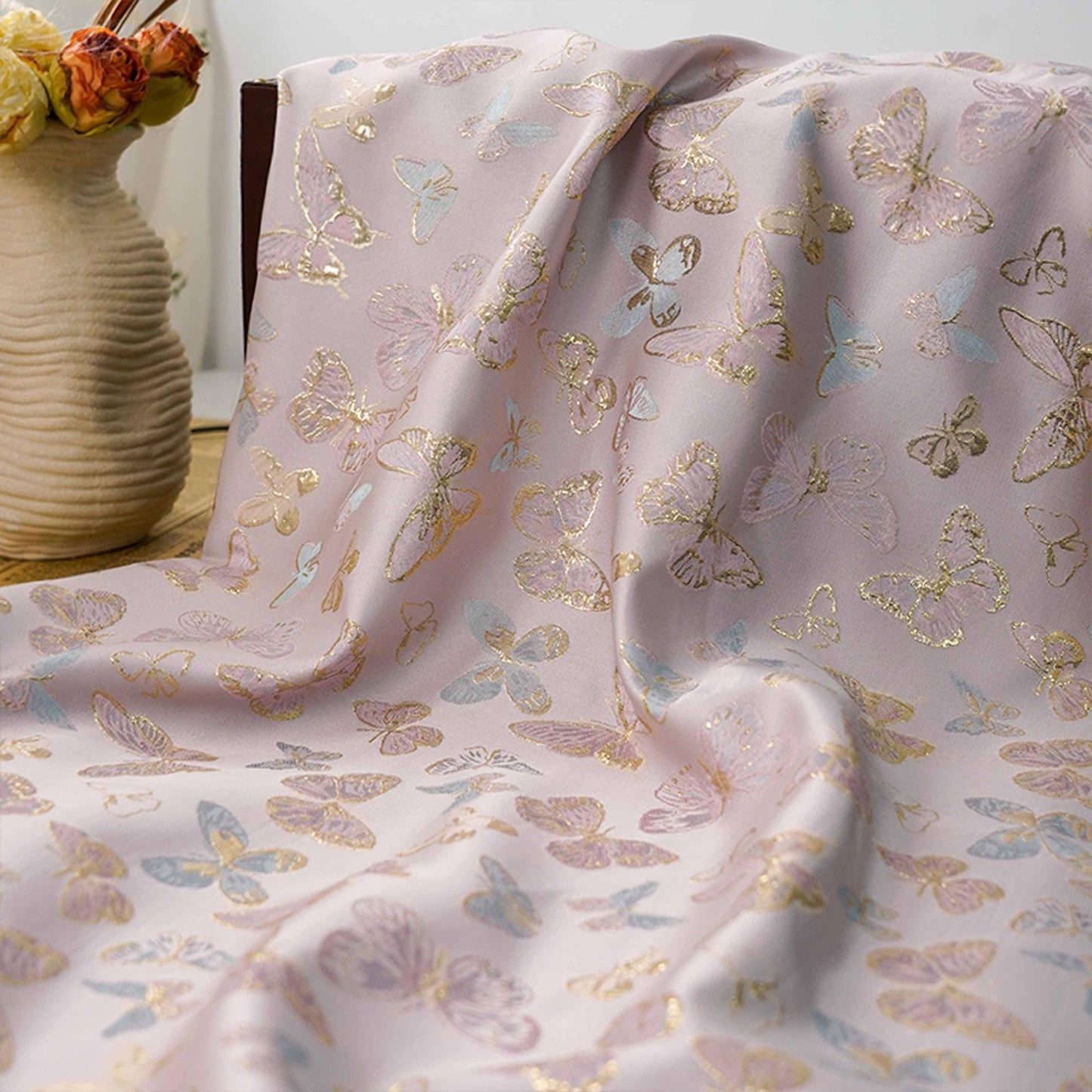 Gold Thread Butterfly Jacquard Fabric: 59" Wide, Rayon Blend