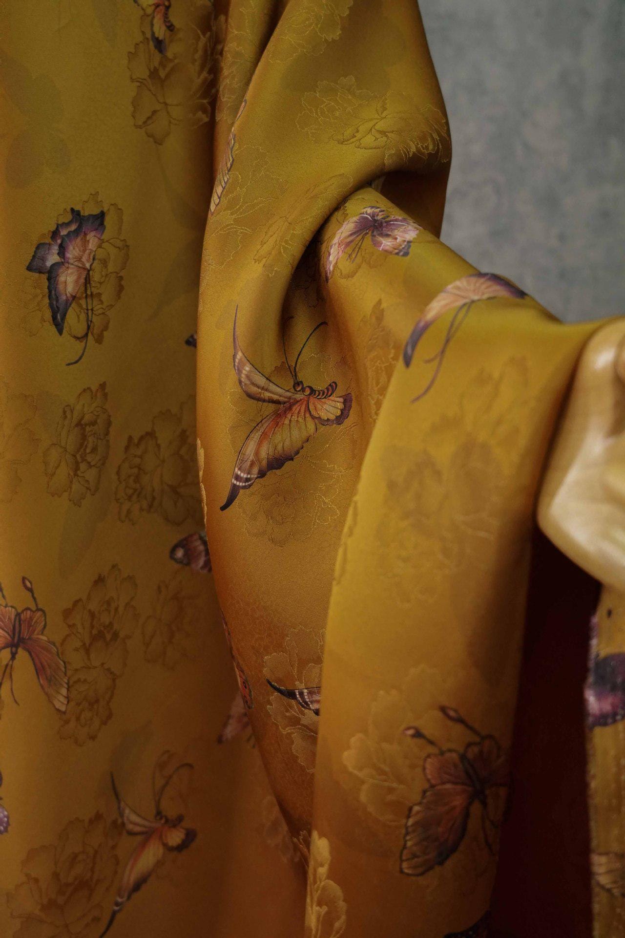 Butterfly Flower Tea Silk Satin Fabric: Digital Print (55"W)