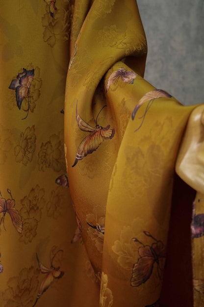 Butterfly Flower Tea Silk Satin Fabric: Digital Print (55"W)