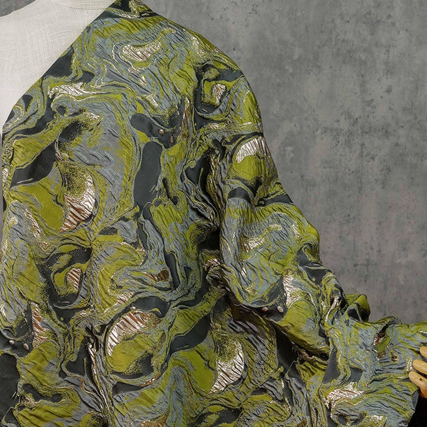 Gold Thread Jacquard Fabric: Green 3D Designer Upholstery, Costume & Sewing - 54"W