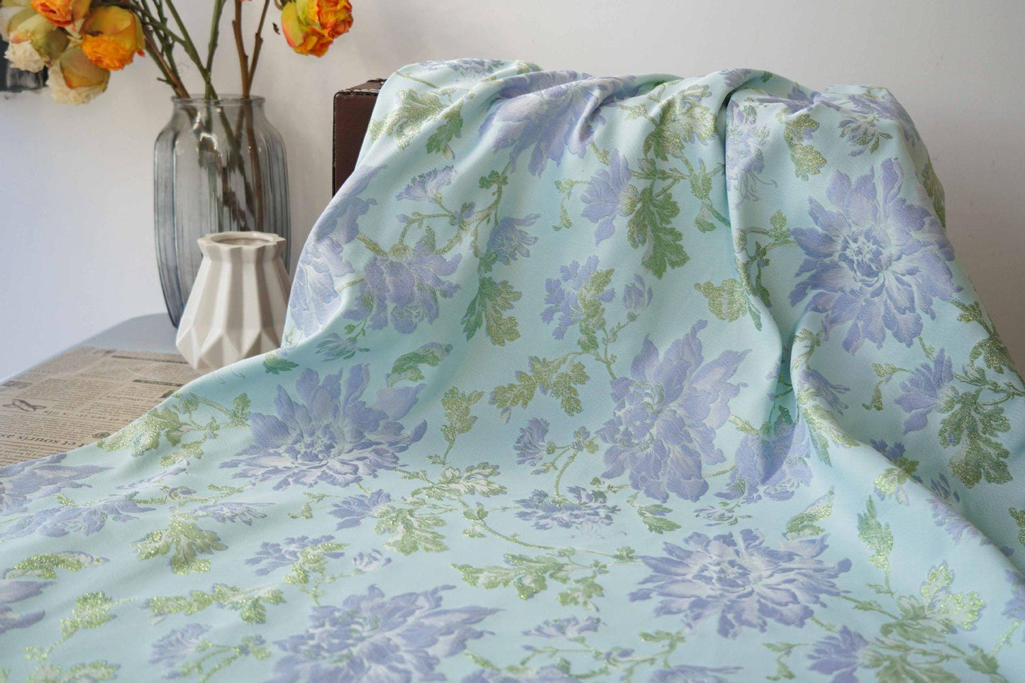Blue Floral Jacquard Fabric with Gold Foil: 63" Wide Upholstery Fabric