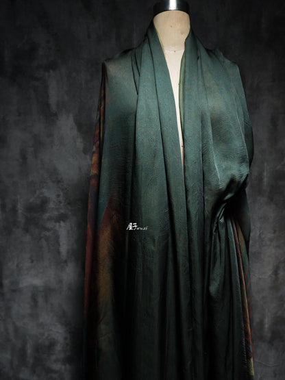 Dark Green Silk Satin Fabric: Dunhuang Pattern Sewing Material, 55"W