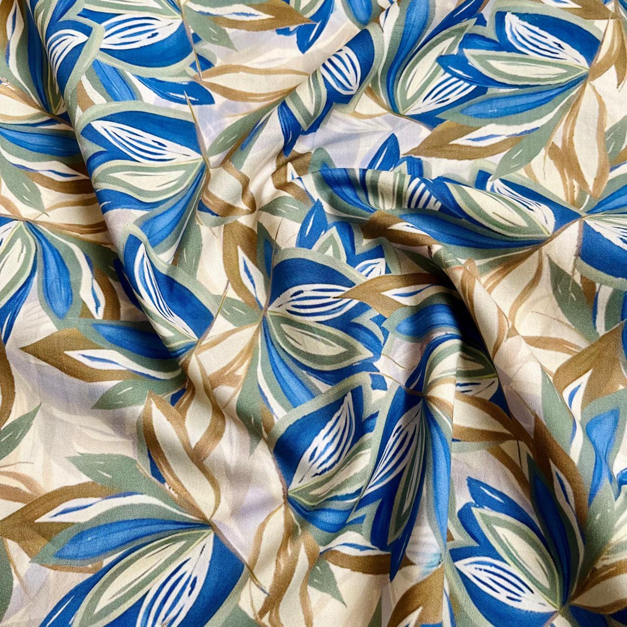 Floral Cotton Fabric: 60s Style, Blue & Brown Print, 59" Wide