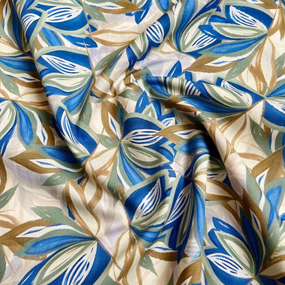 Floral Cotton Fabric: 60s Style, Blue & Brown Print, 59" Wide