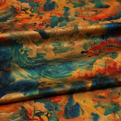 Tea Silk Satin Fabric: Ancient Painting Print, 59" Wide