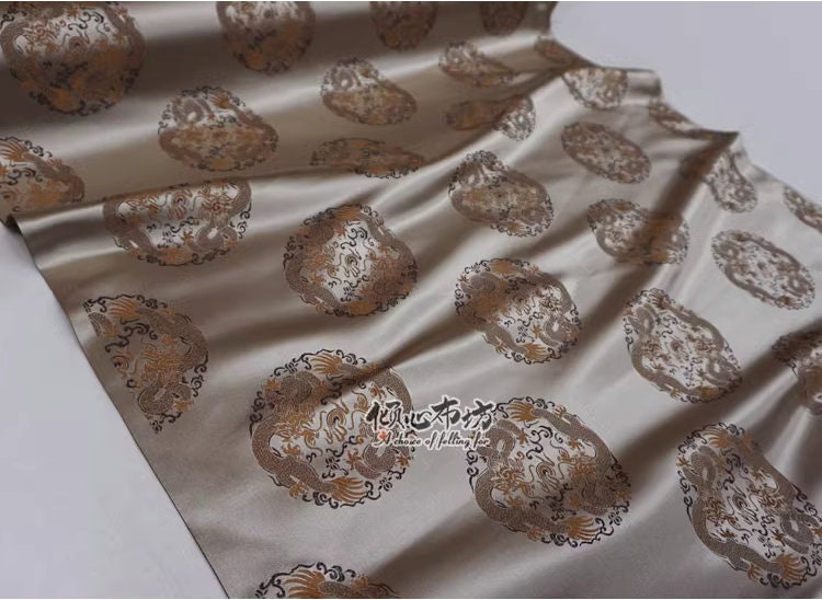 Champagne Chinese Dragon Silk Brocade Fabric: Costume & Decor, 29.5"W