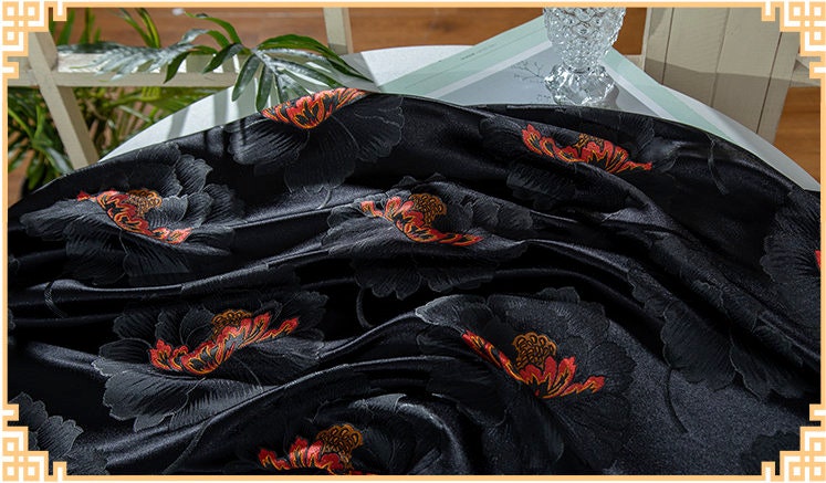 Black Peony Brocade Fabric: 29.5"W Luxurious Rayon Textiles