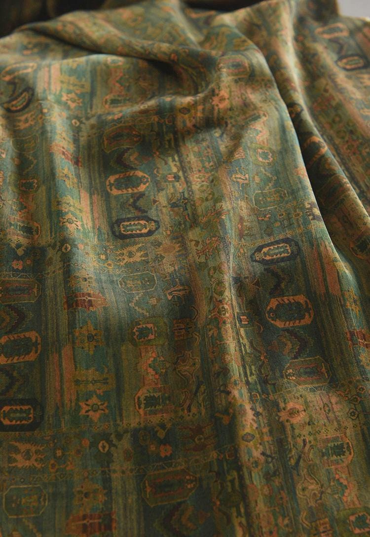 Ancient Chinese Ink Painting Cotton Fabric: Green Drapery Upholstery (55"W)