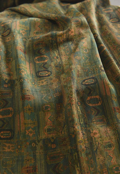 Ancient Chinese Ink Painting Cotton Fabric: Green Drapery Upholstery (55"W)