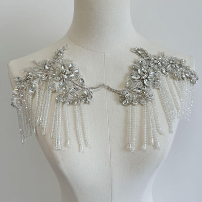 Embroidered Lace Trim: Ivory Sequin Tassel Applique (20cm Pair)