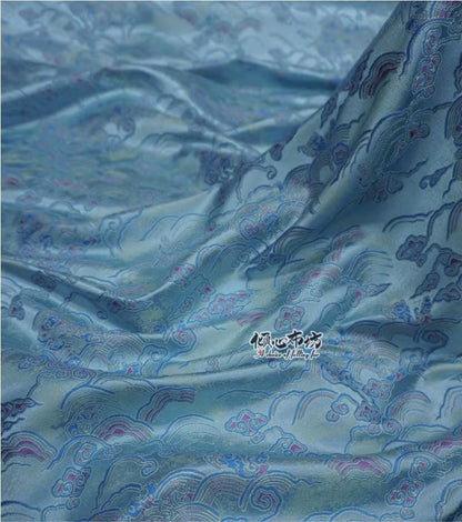 Aqua Blue Brocade Fabric: Sea of Clouds & Waves, 29.5"W