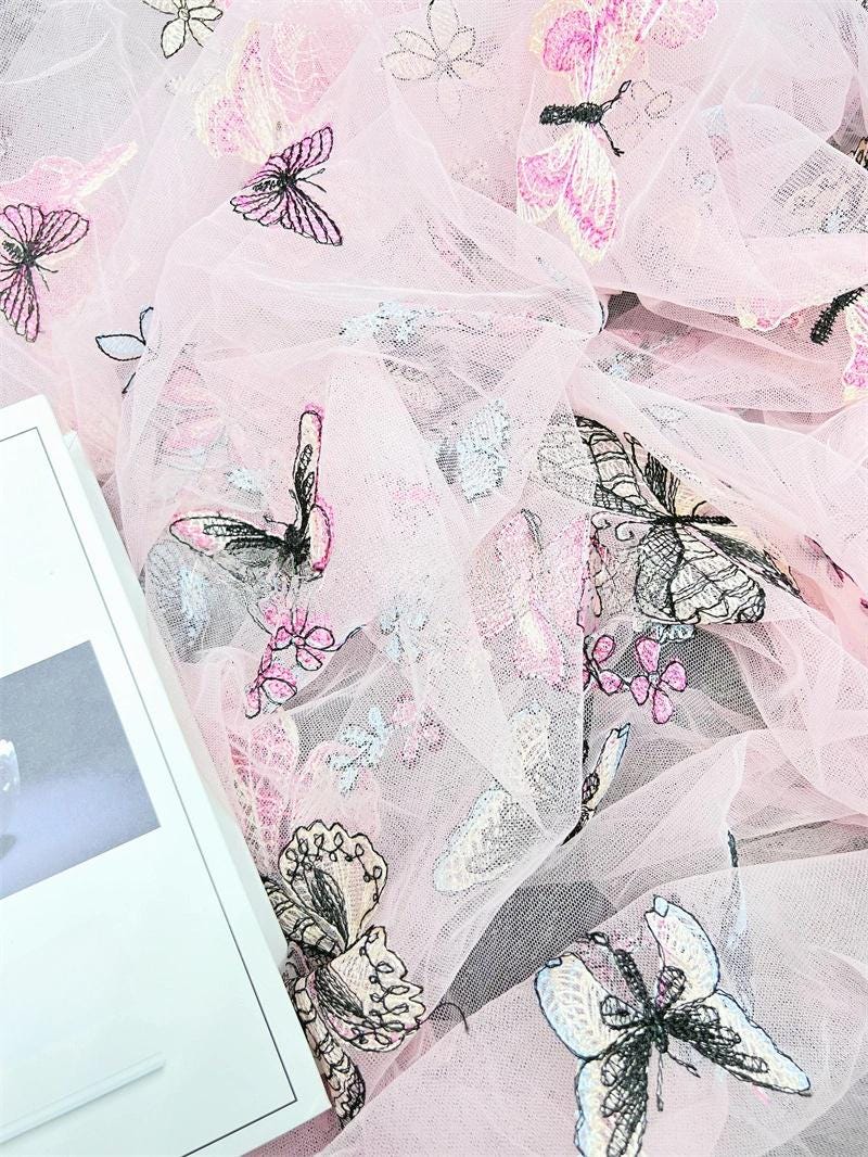 Embroidered Butterfly Lace Fabric: Sequin Tulle Mesh, 59" Wide