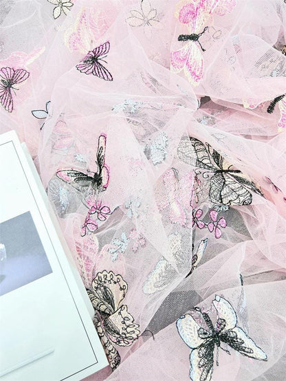 Embroidered Butterfly Lace Fabric: Sequin Tulle Mesh, 59" Wide
