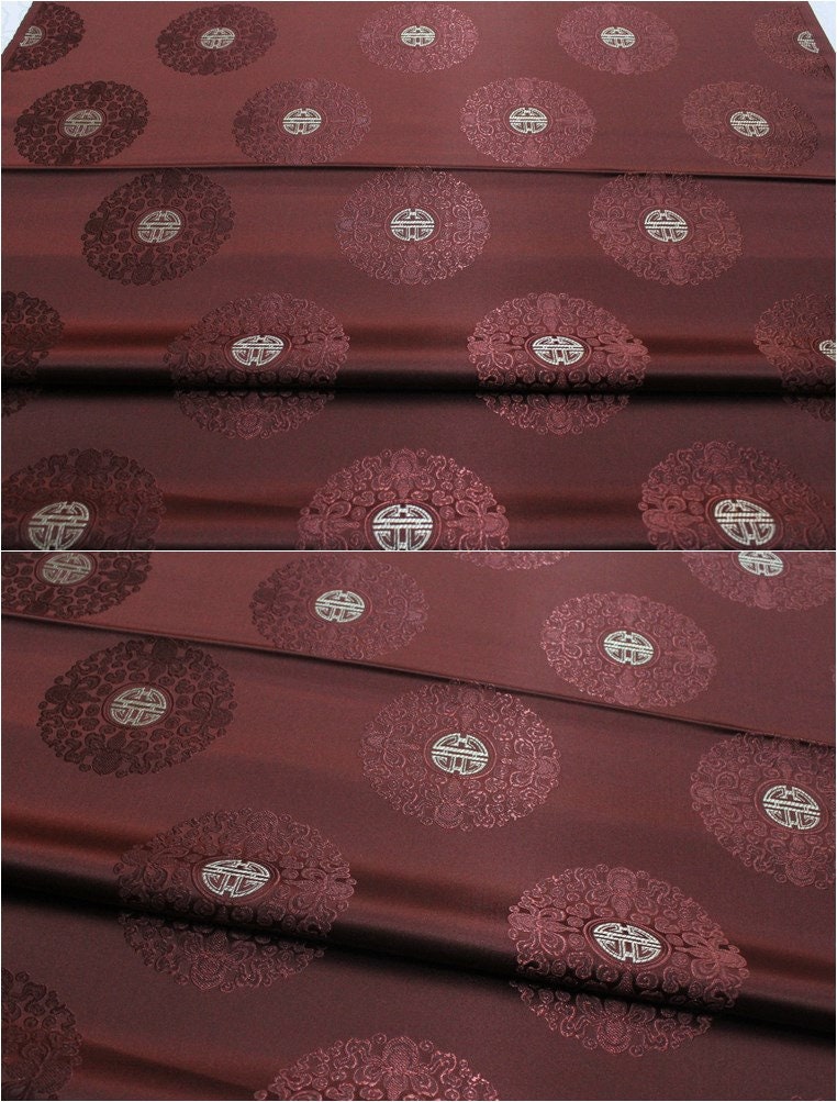 Chinese Fu Symbol Brocade Fabric: Floral Jacquard Satin (29.5"W)