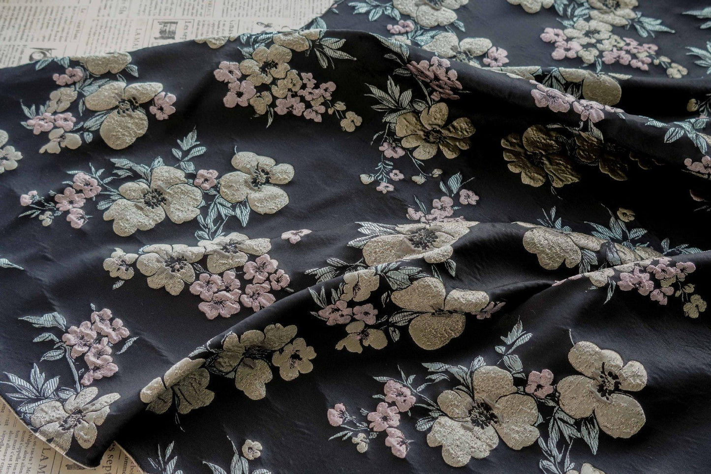 Floral Jacquard Fabric: 3D Effect Yellow Pink Flowers, 55" Wide - By The Meter