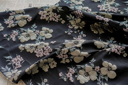Floral Jacquard Fabric: 3D Effect Yellow Pink Flowers, 55" Wide - By The Meter