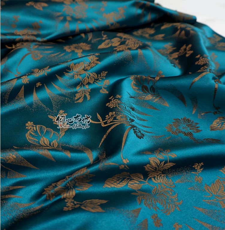 Tissu brocart de soie turquoise : Damas à fleurs de café, 75 cm de large