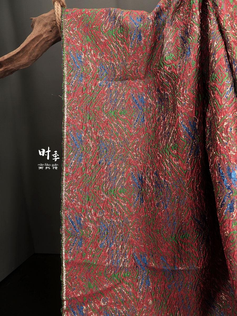 Gold Thread Jacquard Fabric: Red Blue 3D Designer Fabric (55"W By 1 Meter)