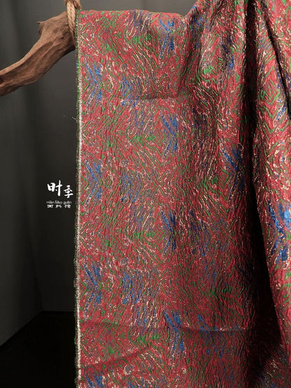Gold Thread Jacquard Fabric: Red Blue 3D Designer Fabric (55"W By 1 Meter)
