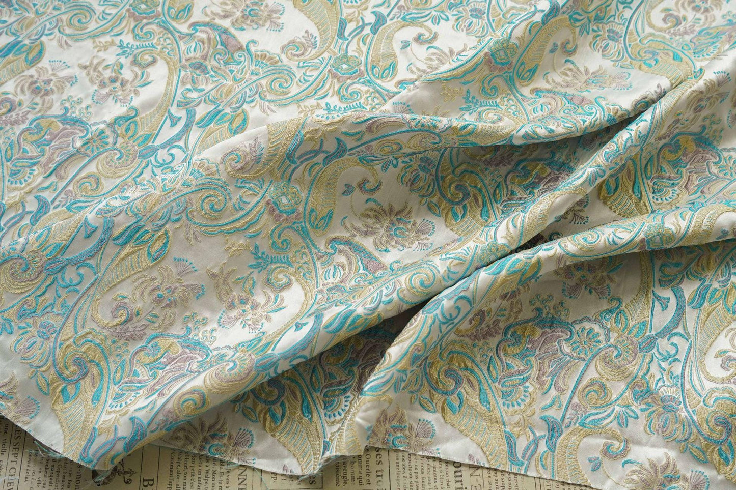 Blue & Yellow Embossed Jacquard Fabric, Palace Damask, 60"W, Meter