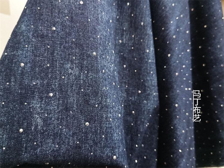 Tissu denim délavé avec strass ��" Large, matériau pour vêtements à faire soi-même