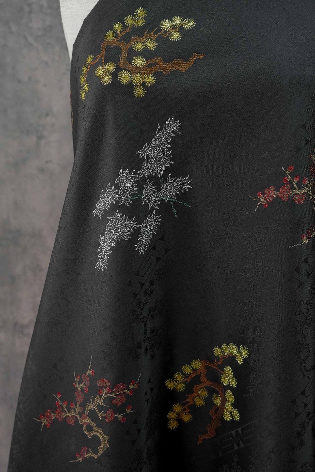 Gold Brocade Fabric: Pine, Bamboo & Plum Jacquard - 61" Wide