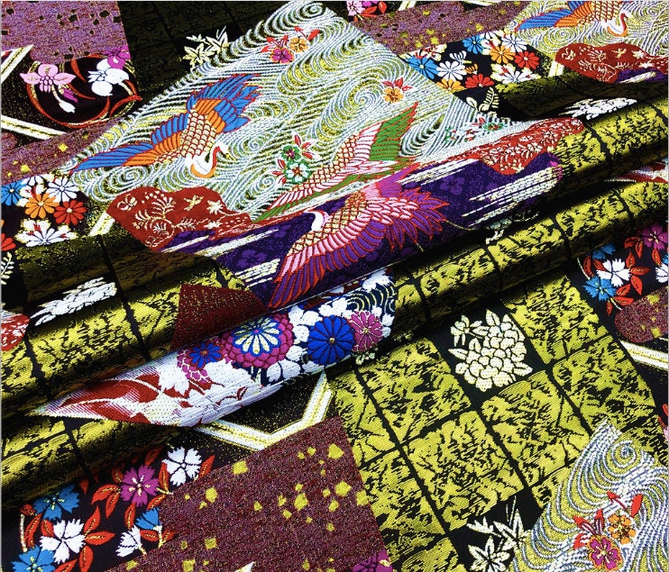 Japanese Crane Fabric: Silk Rayon Blend, Sewing & Upholstery (29.5"W)