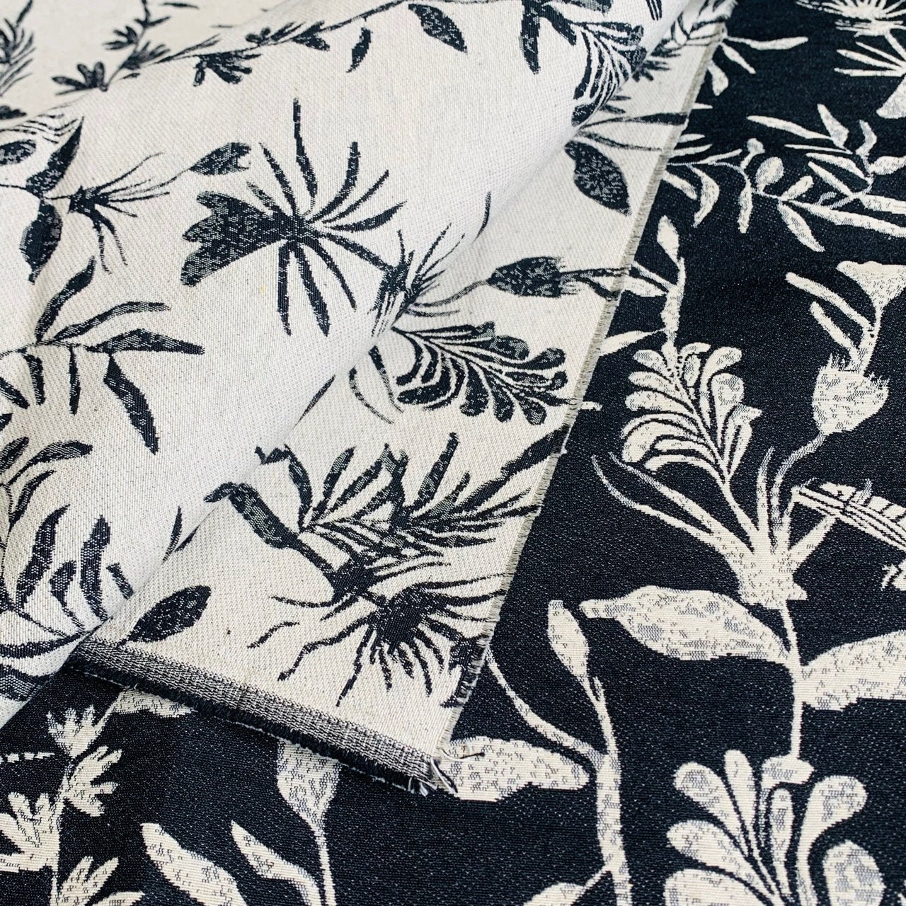 Black & White Lurex Jacquard Fabric: 3D Embossed Plant Pattern, 58" Wide