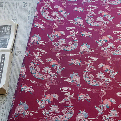 Tissu brocart satin jacquard Song : motif double grue et pivoine
