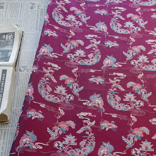 Tissu brocart satin jacquard Song : motif double grue et pivoine
