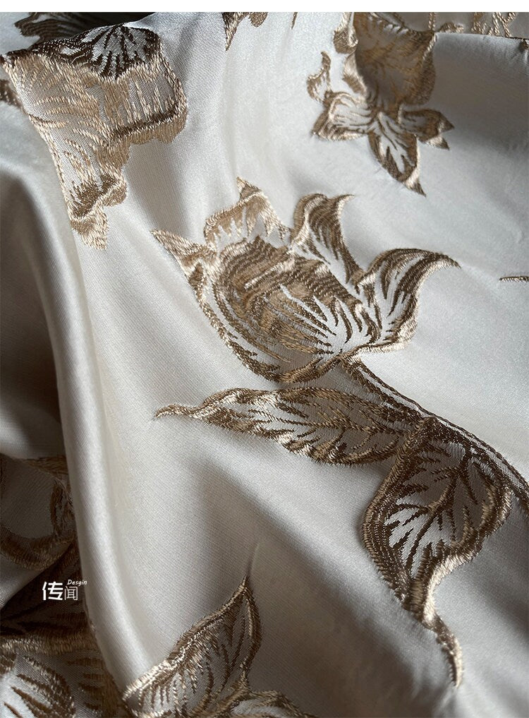 Champagne Magnolia Embroidered Jacquard Fabric: 57"W Floral Upholstery