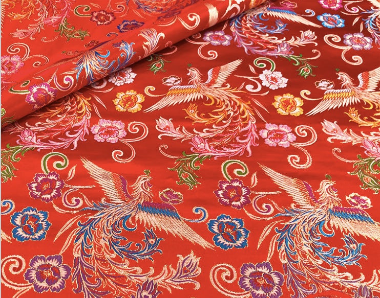 Tissu satin jacquard Phoenix Peony : brocart de soie bleu, 150 cm de large