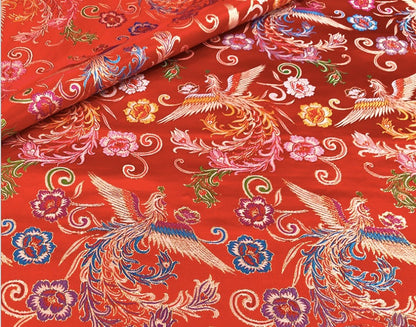 Tissu satin jacquard Phoenix Peony : brocart de soie bleu, 150 cm de large