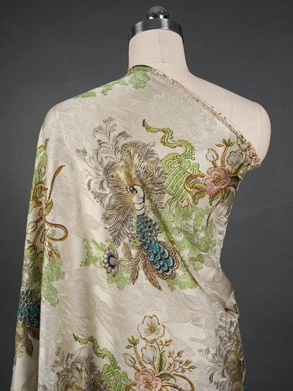 Tissu satiné de soie « Thé Paon » : Ameublement vert, costumes, rideaux (58 po L)