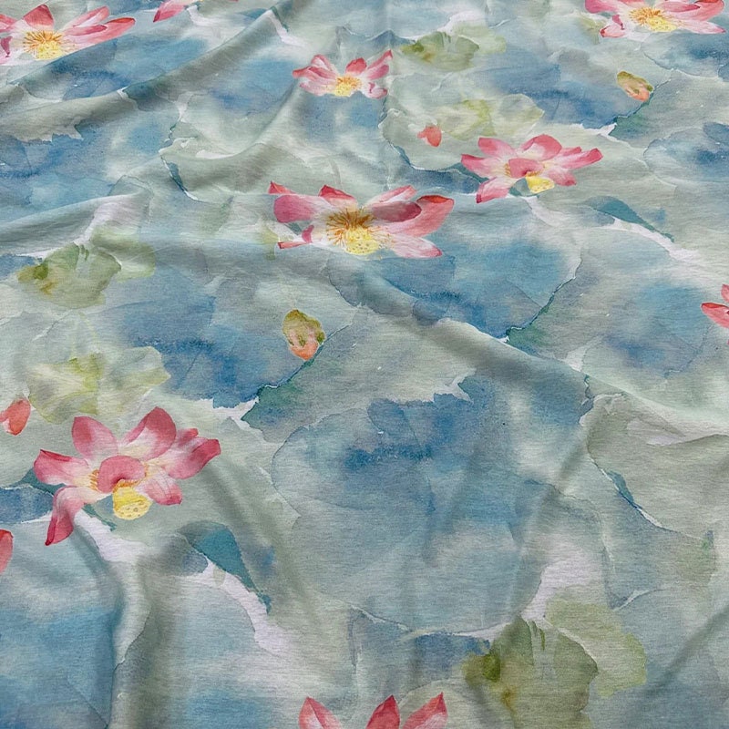 Lotus Painting Tencel Ramie Fabric: Sewing, Dress, Kimono - By The Meter