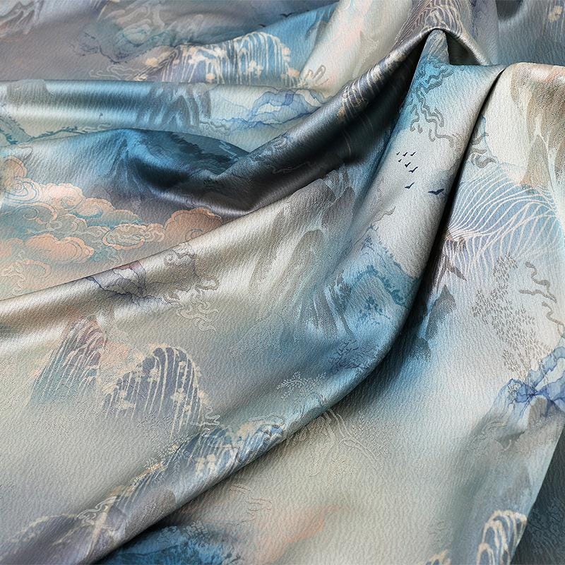 Ancient Mountain Tea Silk Satin Fabric: Digital Print Drapery, 59"W