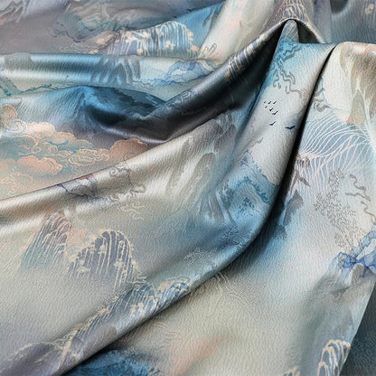 Ancient Mountain Tea Silk Satin Fabric: Digital Print Drapery, 59"W