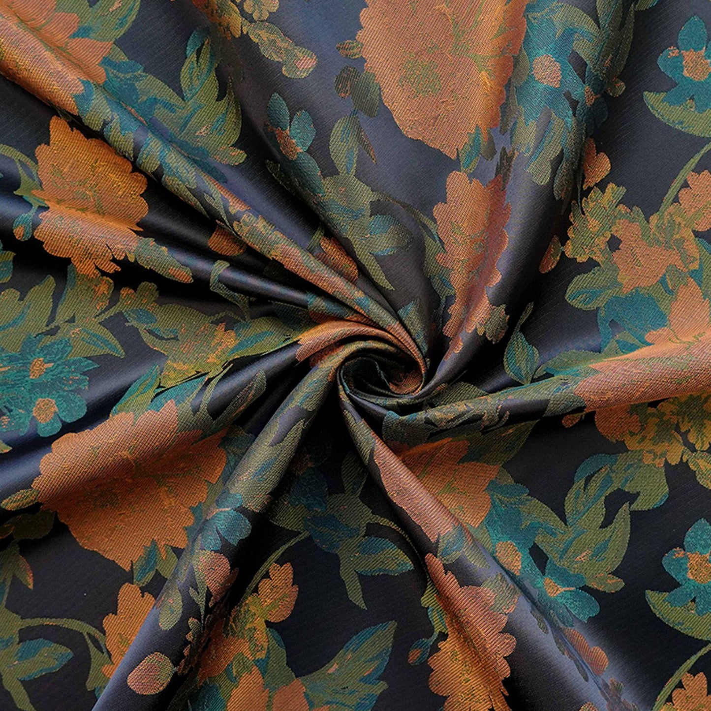 Orange Floral Woven Fabric, Black Polyester Blend, 62" Wide