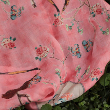 Floral Linen Fabric: Asian Style Pink Upholstery & Sewing Material (55"W)