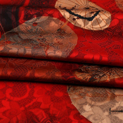 Umbrella Print Silk Damask Fabric - 59" Wide - Red & Beige