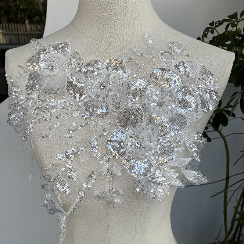 Embroidered Lace Trim: Sequined Floral Applique, Bridal Wedding Dress Fabric - By The Yard