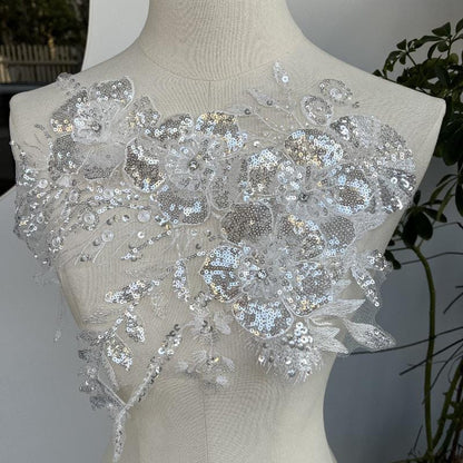 Embroidered Lace Trim: Sequined Floral Applique, Bridal Wedding Dress Fabric - By The Yard