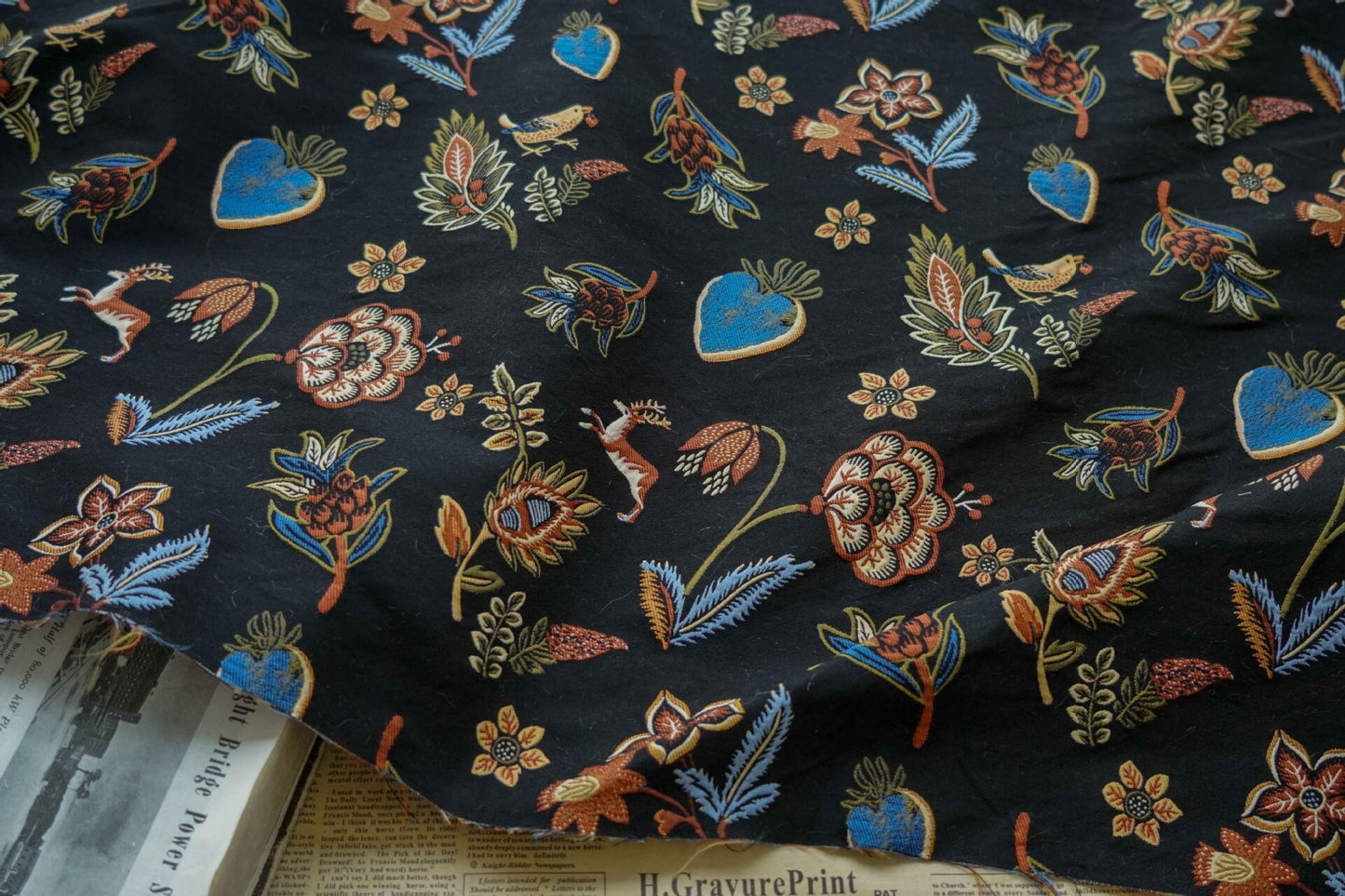 Black Animal Jacquard Fabric: Floral Upholstery, Costume, Decor - 59"W