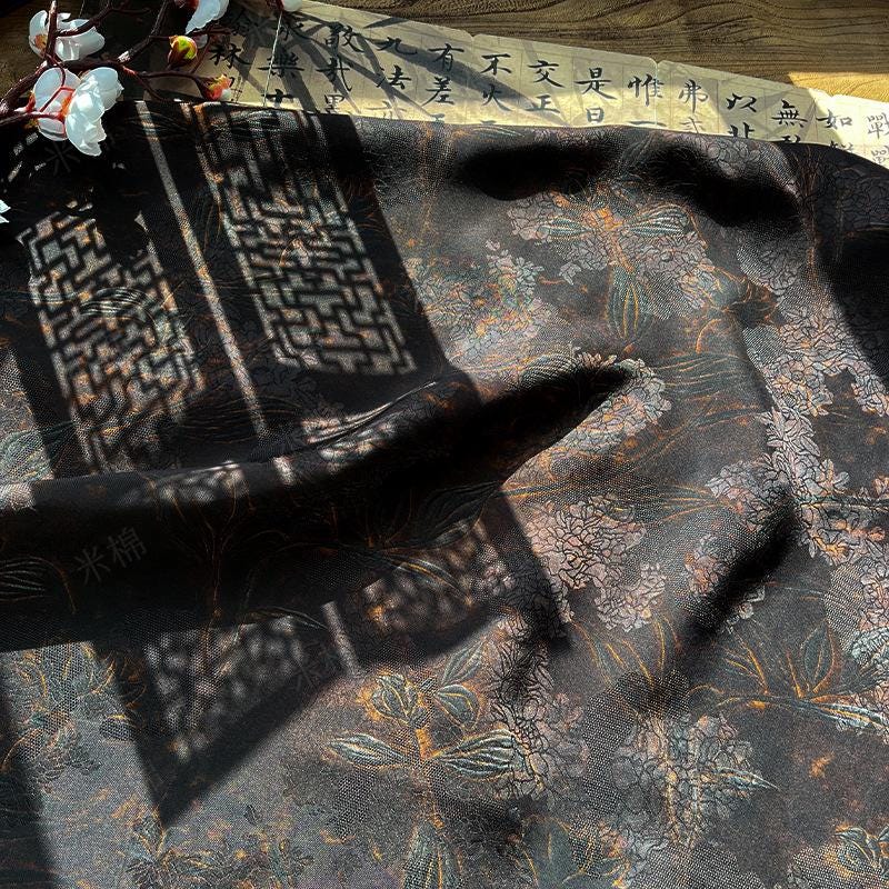 Floral Print Satin Tea Silk Fabric | Ash Gray, 59" Wide